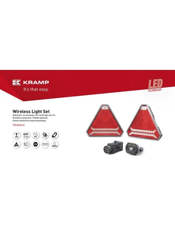 Belaidis LED šviestuvų rinkinys, trikampis, 12/24 V, ličio jonų, magnetinis, 178,5x155 mm, 7 kontaktų kištukas, "Kramp 10 Belaidis LED šviestuvų rinkinys, trikampis, 12/24 V, ličio jonų, magnetinis, 178,5x155 mm, 7 kontaktų kištukas, "Kramp 10