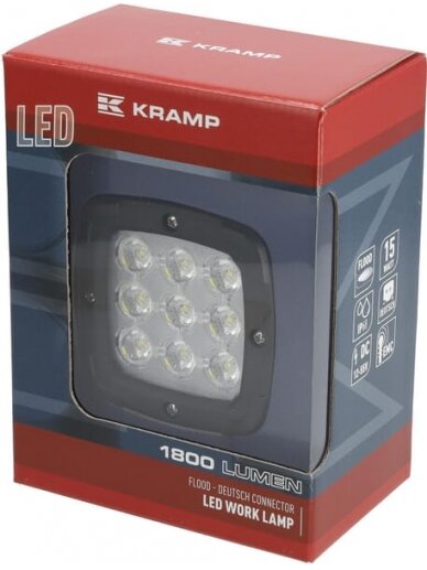 Darbinė LED lempa, 13,5 W, 1800 lm, kvadratinė, 12-24 V, Deutsch kištukas, 123x74x100 mm, prožektorius, 9 LED, Kramp