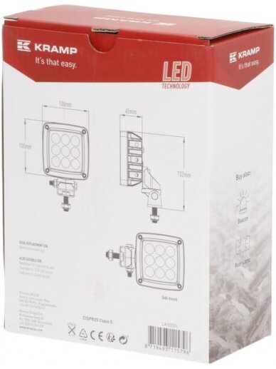 Darbinė LED lempa, 27W, 3000lm, kvadratinė, balta, 10/30V, "Deutsch" kištukas, platus šviesos srautas, 9 šviesos diodai "Kramp 6 Darbinė LED lempa, 27W, 3000lm, kvadratinė, balta, 10/30V, "Deutsch" kištukas, platus šviesos srautas, 9 šviesos diodai "Kramp 6