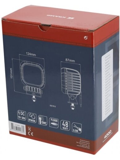 Darbinė LED lempa, 48W, 4000lm, kvadratinė, 10-30V, 146x81x123mm, prožektorius, Kramp 4 Darbinė LED lempa, 48W, 4000lm, kvadratinė, 10-30V, 146x81x123mm, prožektorius, Kramp 4