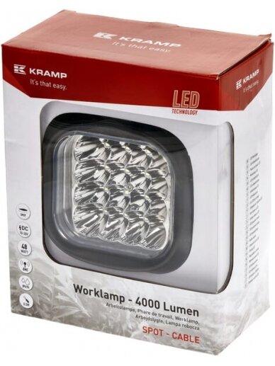 Darbinė LED lempa, 48W, 4000lm, kvadratinė, 10-30V, 146x81x123mm, taškinė, Kramp 4 Darbinė LED lempa, 48W, 4000lm, kvadratinė, 10-30V, 146x81x123mm, taškinė, Kramp 4