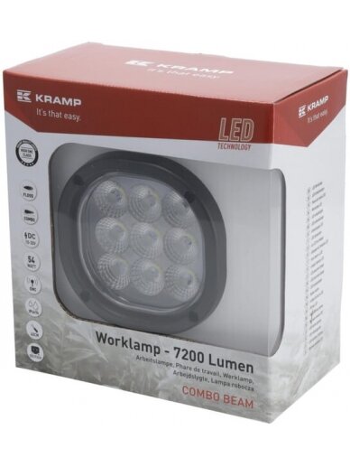 Darbinė LED lempa, 54W, 7200lm, kvadratinė, 10-30V, balta, prožektorius, 9 LED, "Kramp 2 Darbinė LED lempa, 54W, 7200lm, kvadratinė, 10-30V, balta, prožektorius, 9 LED, "Kramp 2
