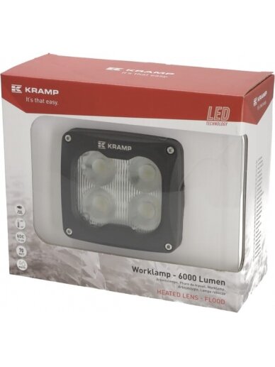Darbinė LED lempa, 70W, 6000lm, kvadratinė, 10/45V, balta, 120x110x72mm, šildoma pagal T° jutiklį, plataus užliejimo, 4 LED, Kramp 2 Darbinė LED lempa, 70W, 6000lm, kvadratinė, 10/45V, balta, 120x110x72mm, šildoma pagal T° jutiklį, plataus užliejimo, 4 LED, Kramp 2