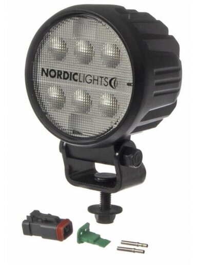 Darbinė LED lemputė, 16W, 1600lm, apvali, 12/24V, balta, tvirtinama varžtais, 93x93x116,5 mm, Deutsch 2-pin, Flood, 6 LED, Canis GO 410 iš Nordic Lights