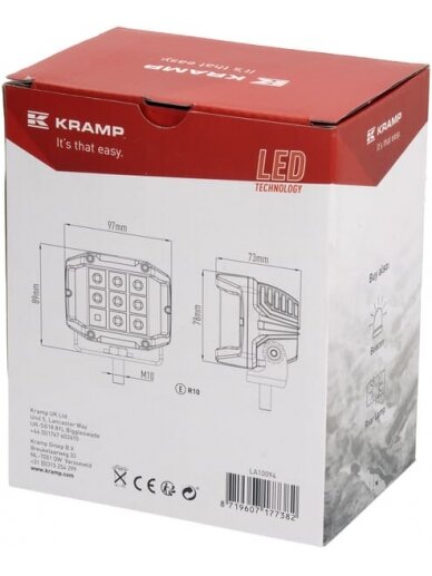 Darbinė LED lemputė, 22,5W, 2850lm, kvadratinė, 10/30V, 89x73x97mm, Kramp 5 Darbinė LED lemputė, 22,5W, 2850lm, kvadratinė, 10/30V, 89x73x97mm, Kramp 5