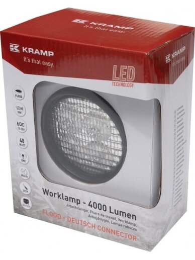 Darbinė LED lemputė, 40W, 4000lm, apvali, balta, 10/30 V, 84x126x71,8 mm, Deutsch kištukas, 4 LED, 360 laipsnių, Kramp Darbinė LED lemputė, 40W, 4000lm, apvali, balta, 10/30 V, 84x126x71,8 mm, Deutsch kištukas, 4 LED, 360 laipsnių, Kramp