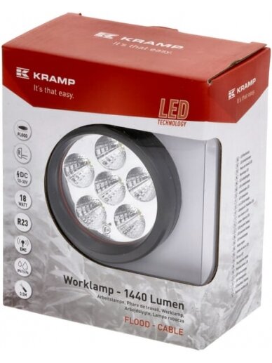 Darbinis LED žibintas, 18W, 1440lm, apvali, 10/30V, Ø 89mm, prožektorius, 6 LED, Kramp 1 Darbinis LED žibintas, 18W, 1440lm, apvali, 10/30V, Ø 89mm, prožektorius, 6 LED, Kramp 1