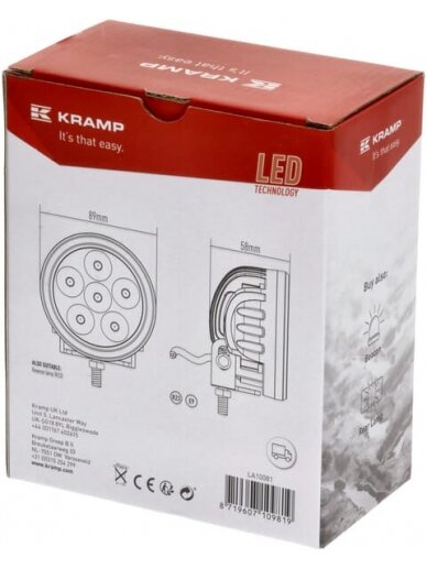 Darbinis LED žibintas, 18W, 1440lm, apvali, 10/30V, Ø 89mm, prožektorius, 6 LED, Kramp 2 Darbinis LED žibintas, 18W, 1440lm, apvali, 10/30V, Ø 89mm, prožektorius, 6 LED, Kramp 2