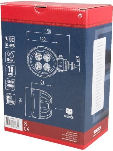Darbinis LED žibintas, 18W, 1500lm, apvali, 10/30V, Ø 117mm Deutsch kištukas, prožektorius, 4 LED, Kramp 5 Darbinis LED žibintas, 18W, 1500lm, apvali, 10/30V, Ø 117mm Deutsch kištukas, prožektorius, 4 LED, Kramp 5