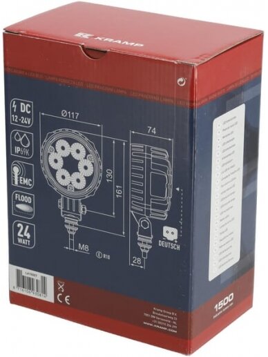 Darbinis LED žibintas, 24W, 1500lm, apvali, 10/30V, Ø 117mm Deutsch kištukas, potvynio, 6 LED, Kramp 4 Darbinis LED žibintas, 24W, 1500lm, apvali, 10/30V, Ø 117mm Deutsch kištukas, potvynio, 6 LED, Kramp 4