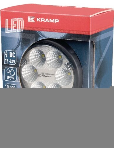 Darbinis LED žibintas, 24W, 1500lm, apvali, 10/30V, Ø 117mm Deutsch kištukas, potvynio, 6 LED, Kramp 6