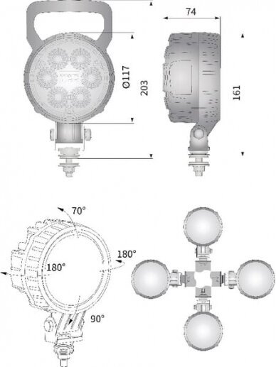 Darbinis LED žibintas, 24W, 1500lm, apvali, 10/30V, Ø 117mm Deutsch kištukas, potvynio, 6 LED, Kramp 8