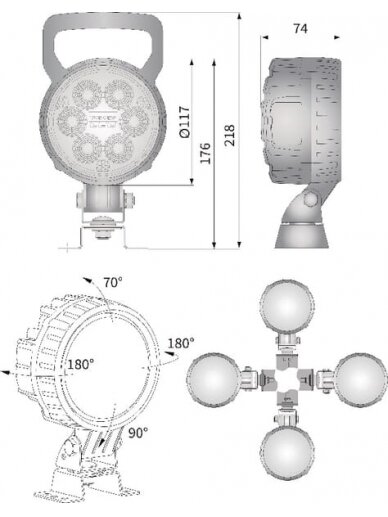 Darbinis LED žibintas, 25W, 2000lm, apvali, 10/30V, Ø 117mm, taškinė, 6 LED, Kramp 7