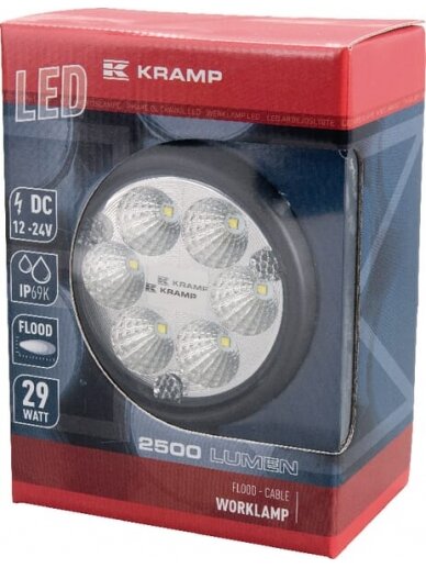 Darbinis LED žibintas, 29W, 2500lm, apvali, 10/30V, Ø 117mm, prožektorius, 6 LED, Kramp 2 Darbinis LED žibintas, 29W, 2500lm, apvali, 10/30V, Ø 117mm, prožektorius, 6 LED, Kramp 2