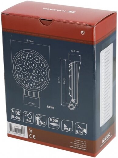 Darbinis LED žibintas, 36W, 2850lm, apvali, 10/30V, Ø 113,9 mm, potvynio, 18 LED, Kramp 4 Darbinis LED žibintas, 36W, 2850lm, apvali, 10/30V, Ø 113,9 mm, potvynio, 18 LED, Kramp 4