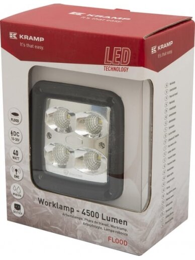 Darbinis LED žibintas, 40W, 4500lm, kvadratinis, baltas, 101x74,5x98mm, Deutsch kištukas, platus šviesos srautas, 4 LED, Kramp 7 Darbinis LED žibintas, 40W, 4500lm, kvadratinis, baltas, 101x74,5x98mm, Deutsch kištukas, platus šviesos srautas, 4 LED, Kramp 7