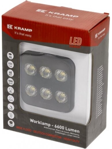 Darbinis LED žibintas, 60W, 6600lm, kvadratinis, 12/24V, baltas, 92x109.5x51.1mm Deutsch kištukas, platus šviesos srautas, 12LED's 4 Darbinis LED žibintas, 60W, 6600lm, kvadratinis, 12/24V, baltas, 92x109.5x51.1mm Deutsch kištukas, platus šviesos srautas, 12LED's 4