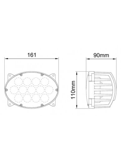 Darbinis LED žibintas, 65W, 5200lm, ovalus, 10/30V, 161x110x90mm, platus prožektorius, 13 LED, H4, Kramp 8 Darbinis LED žibintas, 65W, 5200lm, ovalus, 10/30V, 161x110x90mm, platus prožektorius, 13 LED, H4, Kramp 8