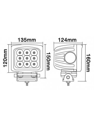 Darbinis LED žibintas, 90W, 8100lm, kvadratinis, 10/30V, 150x124x135mm, prožektorius, 9 LED, Kramp 10 Darbinis LED žibintas, 90W, 8100lm, kvadratinis, 10/30V, 150x124x135mm, prožektorius, 9 LED, Kramp 10