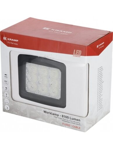 Darbinis LED žibintas, 90W, 8100lm, kvadratinis, 10/30V, 150x124x135mm, prožektorius, 9 LED, Kramp Darbinis LED žibintas, 90W, 8100lm, kvadratinis, 10/30V, 150x124x135mm, prožektorius, 9 LED, Kramp