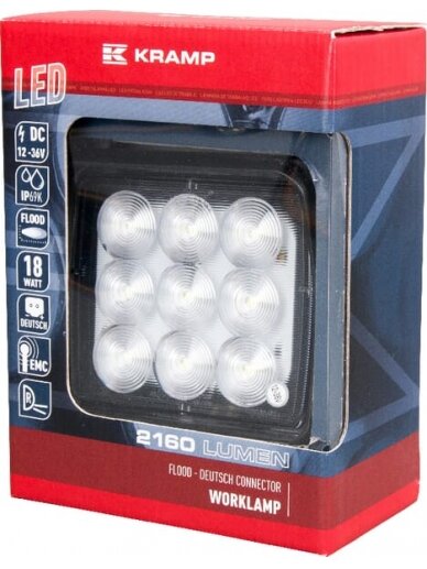 Darbo šviesa LED, 18W, 2160lm, kvadratinė, 12/36V, 142x58.1x122mm Deutsch kištukas, Flood, Kramp 3 Darbo šviesa LED, 18W, 2160lm, kvadratinė, 12/36V, 142x58.1x122mm Deutsch kištukas, Flood, Kramp 3