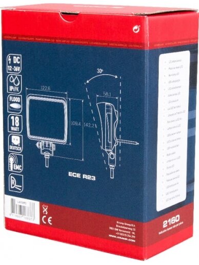 Darbo šviesa LED, 18W, 2160lm, kvadratinė, 12/36V, 142x58.1x122mm Deutsch kištukas, Flood, Kramp 4 Darbo šviesa LED, 18W, 2160lm, kvadratinė, 12/36V, 142x58.1x122mm Deutsch kištukas, Flood, Kramp 4