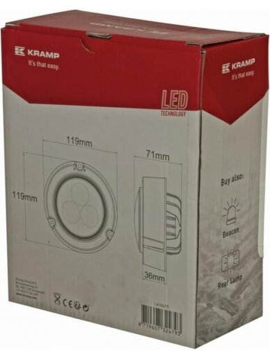 Darbo šviesos diodas LED, 36W, 4000lm, apvalus, 10-30V, Ø 119mm, AMP 2 kontaktų, plataus spindulio, 3 LED, Kramp 6