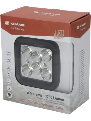 Darbo šviesos diodas LED, 42W, 3780lm, kvadratinis, 10/30V, 128x82x100mm, taškinis, 6 LED, Kramp 3 Darbo šviesos diodas LED, 42W, 3780lm, kvadratinis, 10/30V, 128x82x100mm, taškinis, 6 LED, Kramp 3