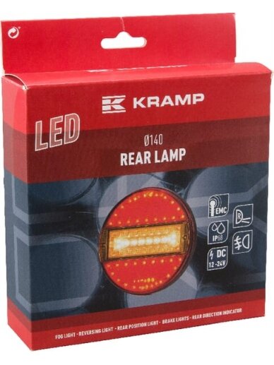 Daugiafunkcinis galinis LED žibintas, apvalus, 12-24 V, Ø 140 mm, Kramp 3 Daugiafunkcinis galinis LED žibintas, apvalus, 12-24 V, Ø 140 mm, Kramp 3