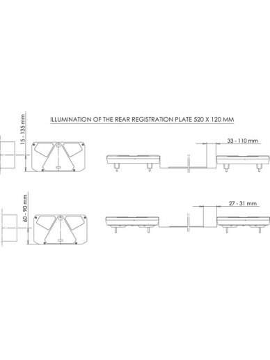Daugiafunkcinis galinis LH žibintas LED, stačiakampis, 12-24 V, 242x134x36,5 mm, Kramp 5