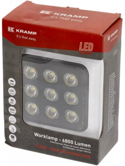 Darbinė LED lemputė, 90W, 6800lm, kvadratinė, 12/24V, balta, 108x120.7x52.7mm Deutsch kištukas, Flood, 18LED's 4