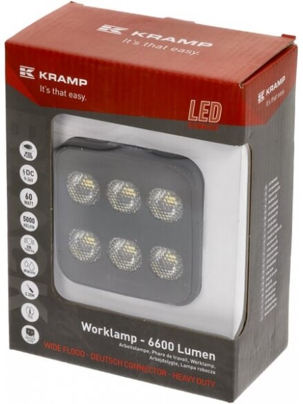 Darbinis LED žibintas, 60W, 6600lm, kvadratinis, 12/24V, baltas, 92x109.5x51.1mm Deutsch kištukas, platus šviesos srautas, 12LED's 4