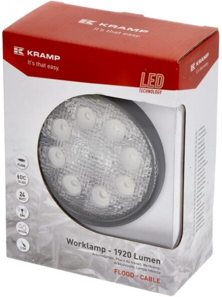 Darbinis LED žibintas, 24W, 1920lm, apvali, 10/30V, Ø 110mm, potvynio, 8 LED, Kramp Darbinis LED žibintas, 24W, 1920lm, apvali, 10/30V, Ø 110mm, potvynio, 8 LED, Kramp