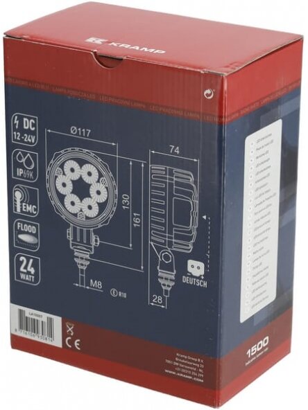 Darbinis LED žibintas, 24W, 1500lm, apvali, 10/30V, Ø 117mm Deutsch kištukas, potvynio, 6 LED, Kramp 4