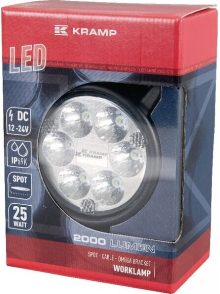 Darbinis LED žibintas, 25W, 2000lm, apvali, 10/30V, Ø 117mm, taškinė, 6 LED, Kramp 2 Darbinis LED žibintas, 25W, 2000lm, apvali, 10/30V, Ø 117mm, taškinė, 6 LED, Kramp 2