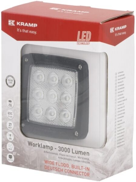 Darbinė LED lempa, 27W, 3000lm, kvadratinė, balta, 10/30V, "Deutsch" kištukas, platus šviesos srautas, 9 šviesos diodai "Kramp 5 Darbinė LED lempa, 27W, 3000lm, kvadratinė, balta, 10/30V, "Deutsch" kištukas, platus šviesos srautas, 9 šviesos diodai "Kramp 5