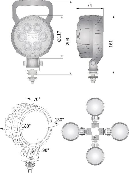 Darbinis LED žibintas, 24W, 1500lm, apvali, 10/30V, Ø 117mm Deutsch kištukas, potvynio, 6 LED, Kramp 8