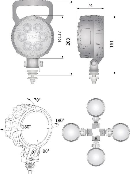 Darbinis LED žibintas, 29W, 2500lm, apvali, 10/30V, Ø 117mm Deutsch kištukas, prožektorius, 6 šviesos diodai, Kramp 7