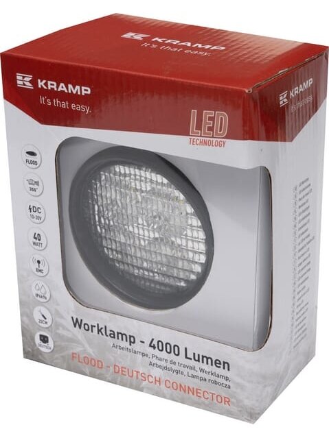 Darbinė LED lemputė, 40W, 4000lm, apvali, balta, 10/30 V, 84x126x71,8 mm, Deutsch kištukas, 4 LED, 360 laipsnių, Kramp Darbinė LED lemputė, 40W, 4000lm, apvali, balta, 10/30 V, 84x126x71,8 mm, Deutsch kištukas, 4 LED, 360 laipsnių, Kramp