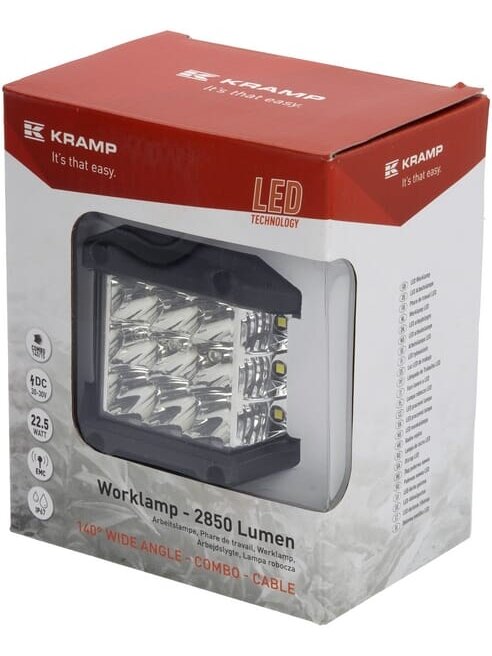 Darbinė LED lemputė, 22,5W, 2850lm, kvadratinė, 10/30V, 89x73x97mm, Kramp 4 Darbinė LED lemputė, 22,5W, 2850lm, kvadratinė, 10/30V, 89x73x97mm, Kramp 4