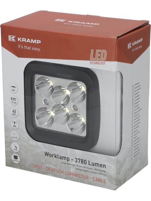 Darbo šviesos diodas LED, 42W, 3780lm, kvadratinis, 10/30V, 128x82x100mm, taškinis, 6 LED, Kramp 3 Darbo šviesos diodas LED, 42W, 3780lm, kvadratinis, 10/30V, 128x82x100mm, taškinis, 6 LED, Kramp 3
