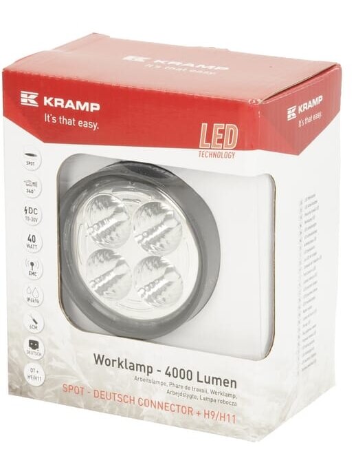 Darbo šviesos diodas LED, 40W, 4000lm, apvalus, baltas, 10/30 V, 84x126x71,8 mm, AMP kištukas, taškinė žibintas, 4 LED, 360 laipsnių, Kramp Darbo šviesos diodas LED, 40W, 4000lm, apvalus, baltas, 10/30 V, 84x126x71,8 mm, AMP kištukas, taškinė žibintas, 4 LED, 360 laipsnių, Kramp