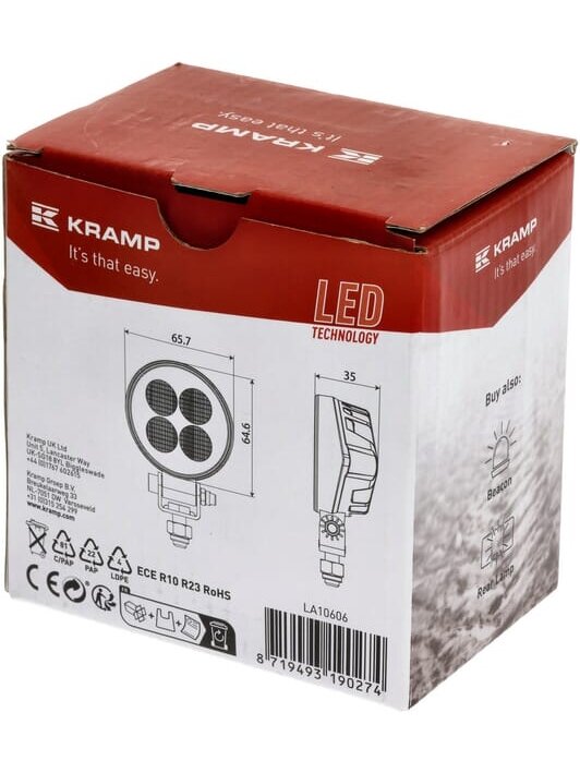 Darbinė LED lemputė, 12W, 1200lm, apvali, 12/24V, balta, 65,7x85,8x35mm Deutsch kištukas, Flood, 8LED's 1