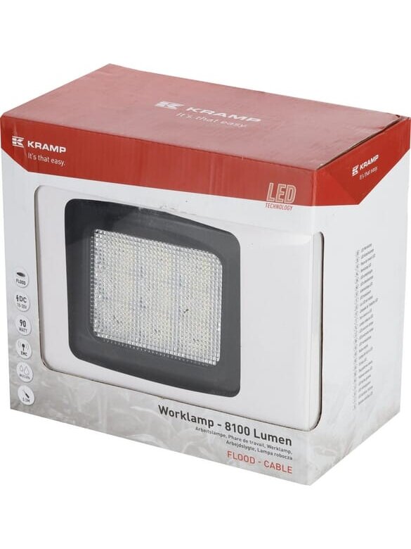 Darbinis LED žibintas, 90W, 8100lm, kvadratinis, 10/30V, 150x124x135mm, prožektorius, 9 LED, Kramp Darbinis LED žibintas, 90W, 8100lm, kvadratinis, 10/30V, 150x124x135mm, prožektorius, 9 LED, Kramp