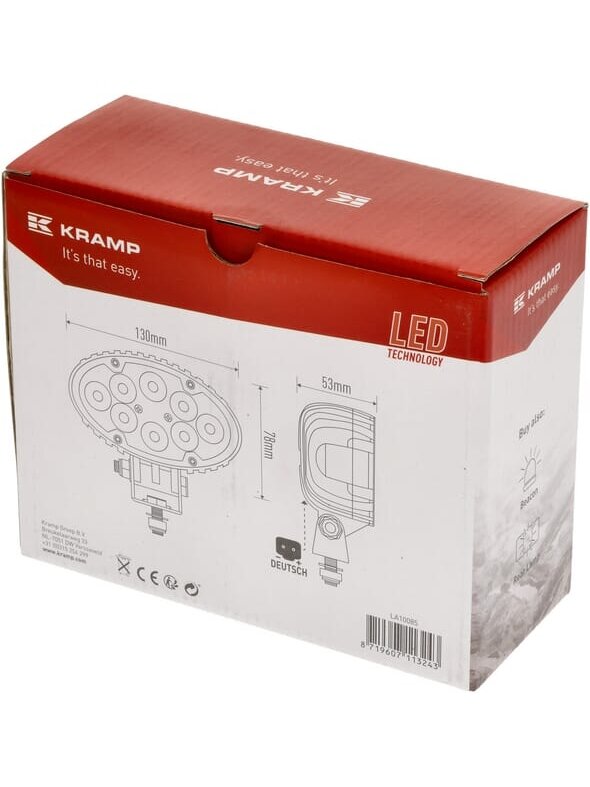 Darbinė LED lempa, 24W, 1920lm, ovali, 10-30V, balta, 130x53x78mm Deutsch kištukas, Flood, 8 LED, Kramp 3