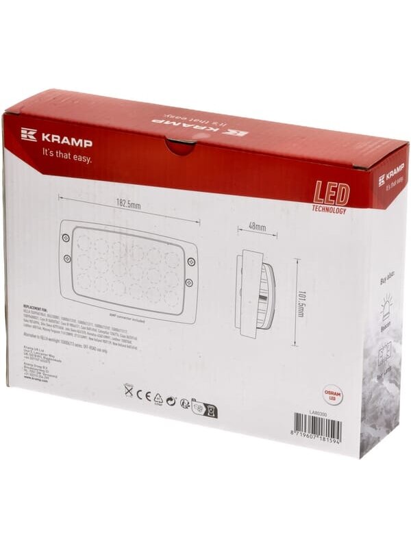 Darbinė LED lempa, 27W, 3375lm, stačiakampė, 10-30V, balta, AMP kištukas, kombinuota, 18 LED, "Kramp 6