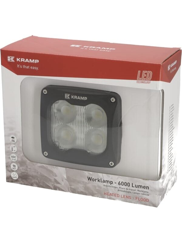 Darbinė LED lempa, 70W, 6000lm, kvadratinė, 10/45V, balta, 120x110x72mm, šildoma pagal T° jutiklį, plataus užliejimo, 4 LED, Kramp 2 Darbinė LED lempa, 70W, 6000lm, kvadratinė, 10/45V, balta, 120x110x72mm, šildoma pagal T° jutiklį, plataus užliejimo, 4 LED, Kramp 2