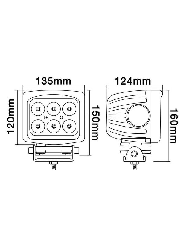 Darbinis LED apšvietimas, 60W, 5400lm, kvadratinis, 10/30V, 150x124x135mm, prožektorius, 6 LED, Kramp 9 Darbinis LED apšvietimas, 60W, 5400lm, kvadratinis, 10/30V, 150x124x135mm, prožektorius, 6 LED, Kramp 9