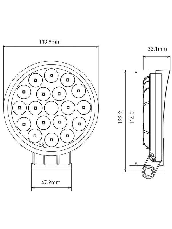 Darbinis LED žibintas, 36W, 2850lm, apvali, 10/30V, Ø 113,9 mm, potvynio, 18 LED, Kramp 5