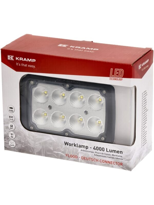 Darbinis LED žibintas, 40W, 4000lm, stačiakampis, baltas, 152x75x108mm, Deutsch kištukas, platus šviesos srautas, 8 šviesos diodai, Kramp 4 Darbinis LED žibintas, 40W, 4000lm, stačiakampis, baltas, 152x75x108mm, Deutsch kištukas, platus šviesos srautas, 8 šviesos diodai, Kramp 4
